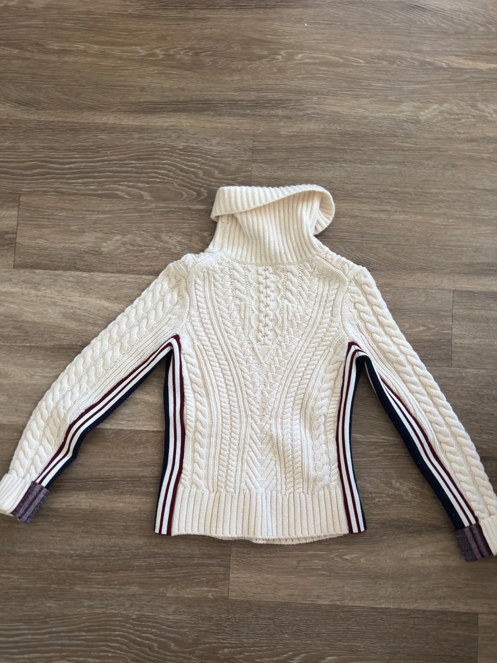 Veronica Beard Cream Cable-Knit Turtleneck with Stripe Trim